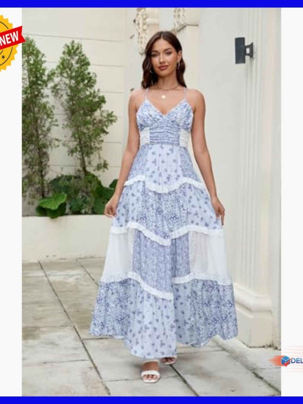 Floral Patchwork Maxi Dress V Neck Sleeveless Cross Back Tiered Sundress - Picture 4 of 7